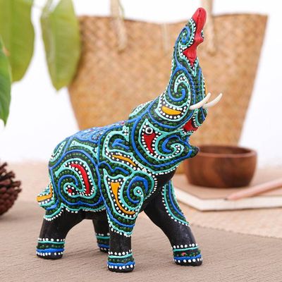 Alternate image for Thai Elephant Figurine Hand-Painted in Black Blue and Aqua Hypnotic Elephant