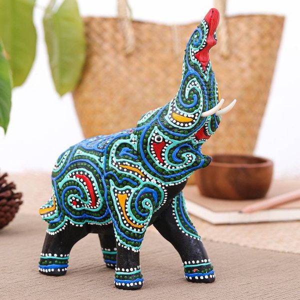 Alternate image for Thai Elephant Figurine Hand-Painted in Black Blue and Aqua Hypnotic Elephant