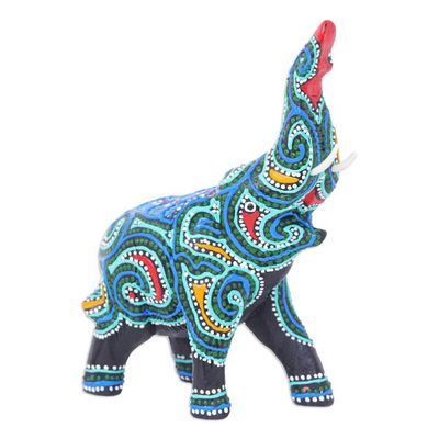Alternate image for Thai Elephant Figurine Hand-Painted in Black Blue and Aqua Hypnotic Elephant