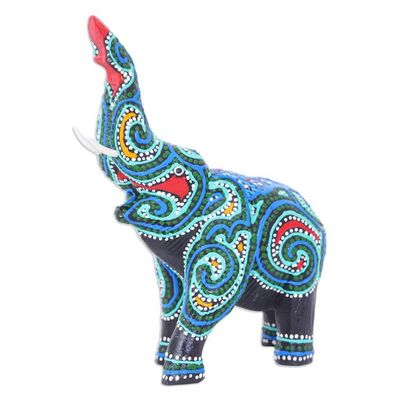 Alternate image for Thai Elephant Figurine Hand-Painted in Black Blue and Aqua Hypnotic Elephant