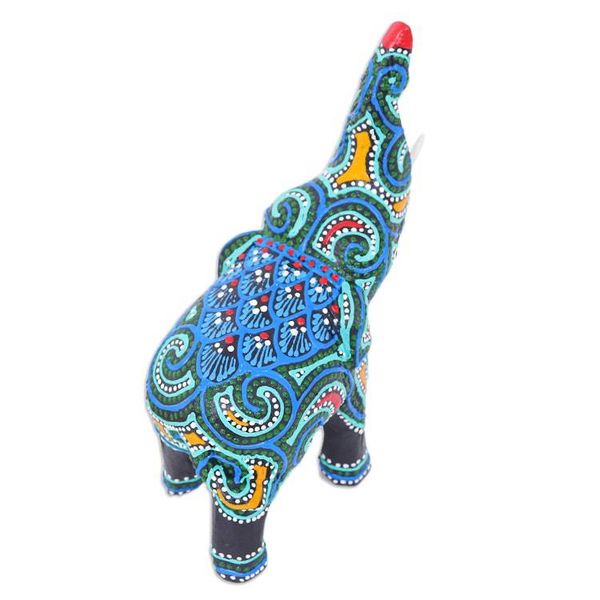 Alternate image for Thai Elephant Figurine Hand-Painted in Black Blue and Aqua Hypnotic Elephant