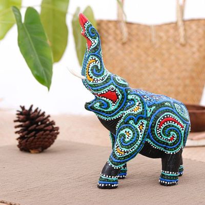 Alternate image for Thai Elephant Figurine Hand-Painted in Black Blue and Aqua Hypnotic Elephant