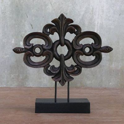 Primary image for Brown Wood Sculpture on Black Base Handmade in Thailand Lanna Arabesque in Brown