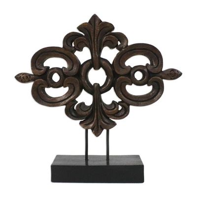 Alternate image for Brown Wood Sculpture on Black Base Handmade in Thailand Lanna Arabesque in Brown