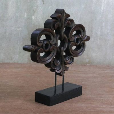 Alternate image for Brown Wood Sculpture on Black Base Handmade in Thailand Lanna Arabesque in Brown