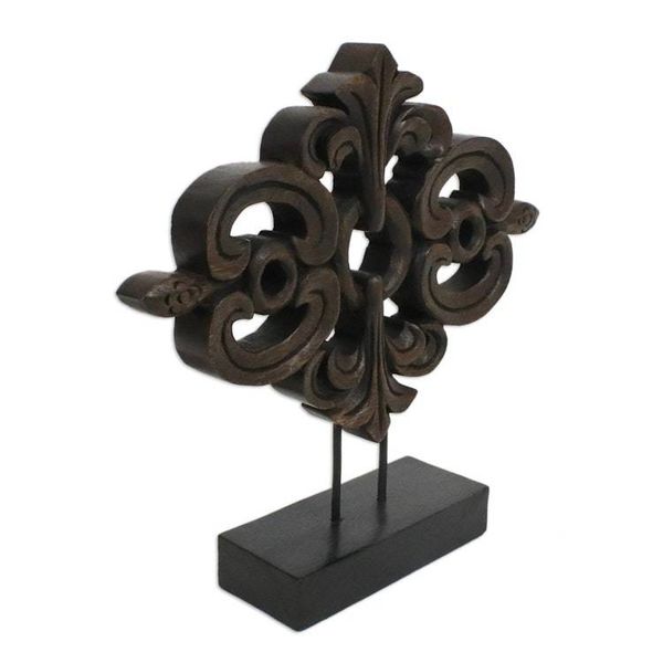 Alternate image for Brown Wood Sculpture on Black Base Handmade in Thailand Lanna Arabesque in Brown