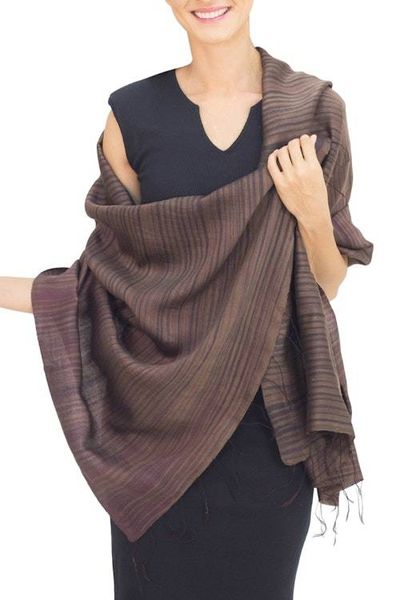 Main image for Womens Woven Silk and Cotton Striped Shawl in Umber Romance in Umber