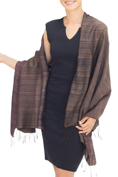 Alternate image for Womens Woven Silk and Cotton Striped Shawl in Umber Romance in Umber