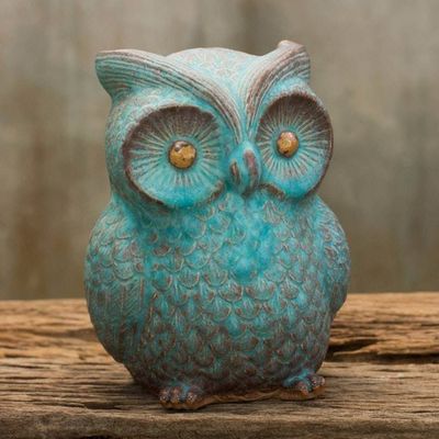 Alternate image for Handcrafted Ceramic Owl Statuette Turquoise Blue Wise Owl