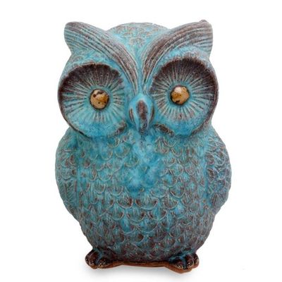 Alternate image for Handcrafted Ceramic Owl Statuette Turquoise Blue Wise Owl