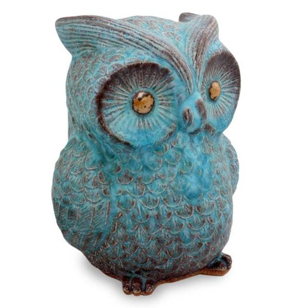 Alternate image for Handcrafted Ceramic Owl Statuette Turquoise Blue Wise Owl