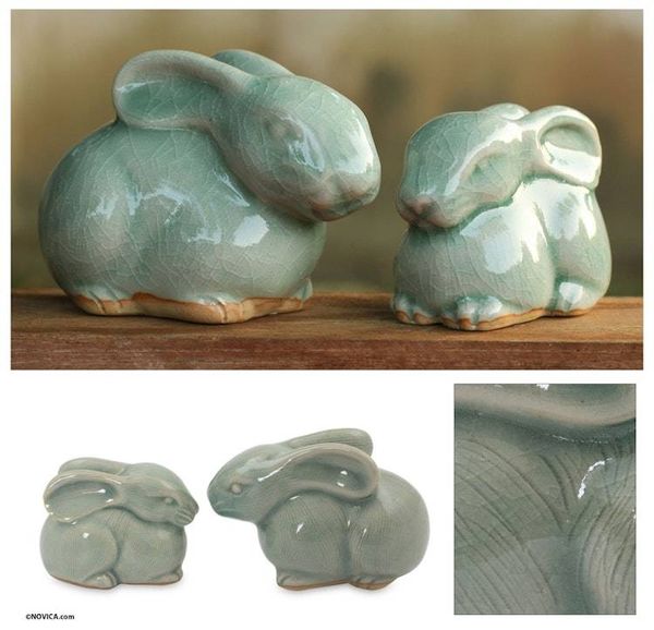 Alternate image for 2 Celadon Ceramic Rabbit Figurines in Light Blue Blue Rabbits