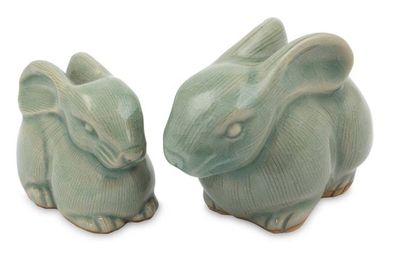 Alternate image for 2 Celadon Ceramic Rabbit Figurines in Light Blue Blue Rabbits
