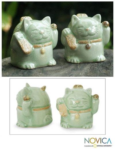 Primary image for Handcrafted Celadon Ceramic Sculptures Pair Fortune Cats