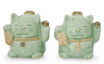 Alternate image for Handcrafted Celadon Ceramic Sculptures Pair Fortune Cats