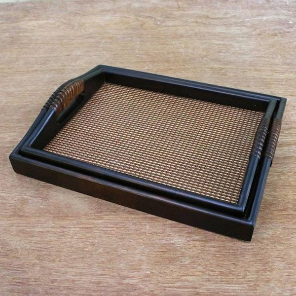 Alternate image for Mango wood and Rattan Trays in Dark Brown Pair Lanna Luxury