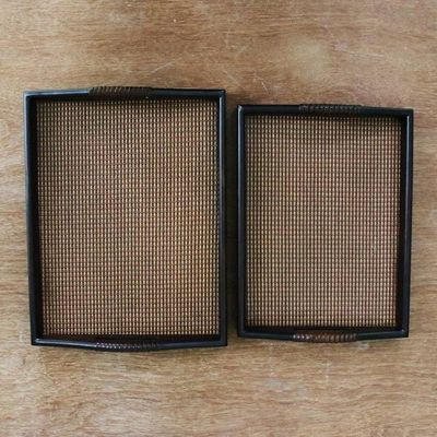 Alternate image for Mango wood and Rattan Trays in Dark Brown Pair Lanna Luxury
