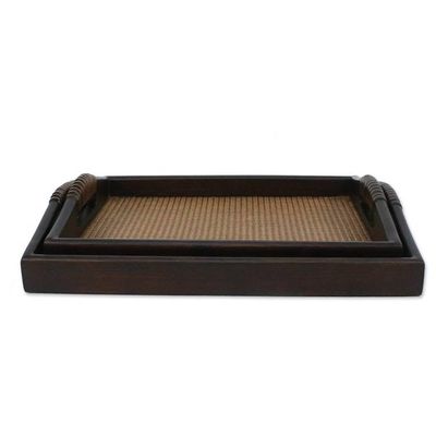 Alternate image for Mango wood and Rattan Trays in Dark Brown Pair Lanna Luxury