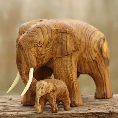 Primary image for Original Carved Teak Wood Mother and Baby Elephant Sculpture Mother and Baby Elephant