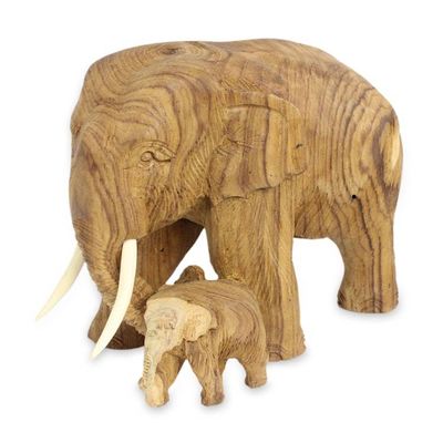 Alternate image for Original Carved Teak Wood Mother and Baby Elephant Sculpture Mother and Baby Elephant