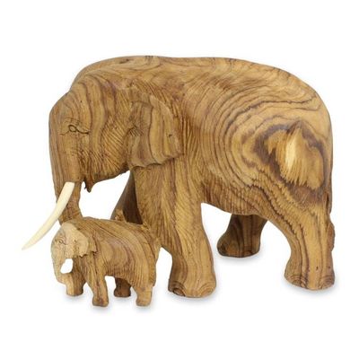 Alternate image for Original Carved Teak Wood Mother and Baby Elephant Sculpture Mother and Baby Elephant