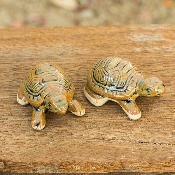 Alternate image for Thai Ceramic Turtle Figurines in Brown-Green Pair Resilient Turtles