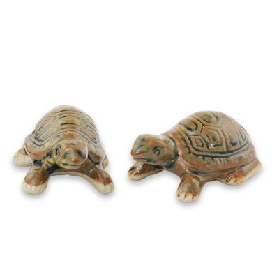 Alternate image for Thai Ceramic Turtle Figurines in Brown-Green Pair Resilient Turtles
