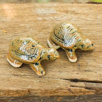 Alternate image for Thai Ceramic Turtle Figurines in Brown-Green Pair Resilient Turtles