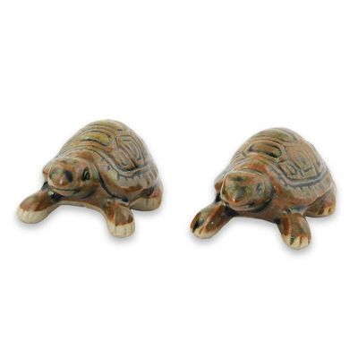Alternate image for Thai Ceramic Turtle Figurines in Brown-Green Pair Resilient Turtles