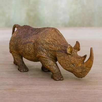 Primary image for Rhinoceros Sculpture Hand Carved from Raintree Wood Rhino on the Move