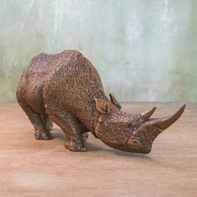 Primary image for Hand Carved Raintree Wood Rhino Sculpture from Thailand Strong Rhino
