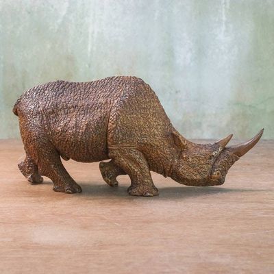 Alternate image for Hand Carved Raintree Wood Rhino Sculpture from Thailand Strong Rhino