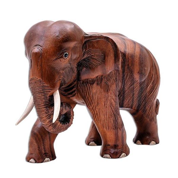 Alternate image for Hand Carved Raintree Wood Elephant Statuette Gentle Elephant