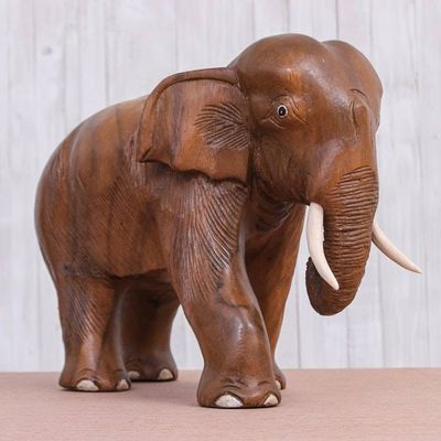 Alternate image for Hand Carved Raintree Wood Elephant Statuette Gentle Elephant