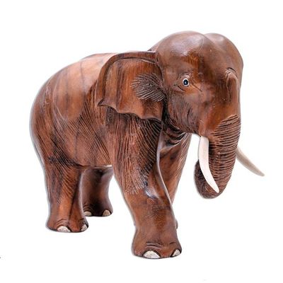 Alternate image for Hand Carved Raintree Wood Elephant Statuette Gentle Elephant