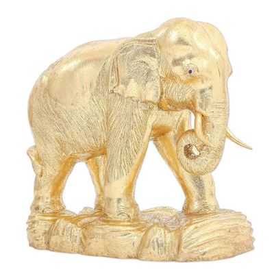 Alternate image for Handmade Gold Foil and Raintree Wood Elephant Sculpture Golden Thai Elephant