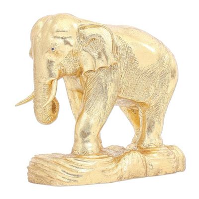 Alternate image for Handmade Gold Foil and Raintree Wood Elephant Sculpture Golden Thai Elephant
