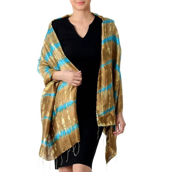 Alternate image for Tie-Dyed Silk Shawl in Sand and Cyan Stripes from Thailand Shifting Sands