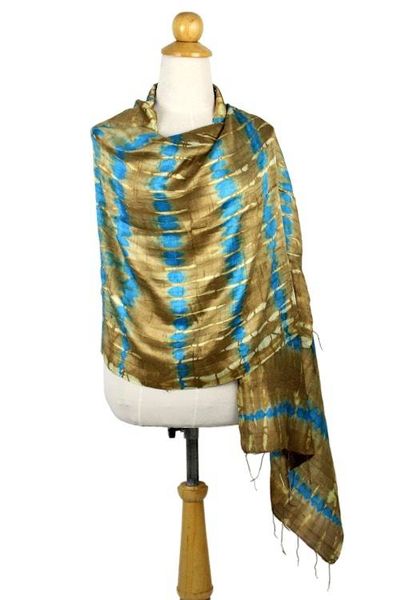 Alternate image for Tie-Dyed Silk Shawl in Sand and Cyan Stripes from Thailand Shifting Sands