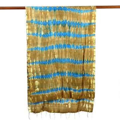 Alternate image for Tie-Dyed Silk Shawl in Sand and Cyan Stripes from Thailand Shifting Sands
