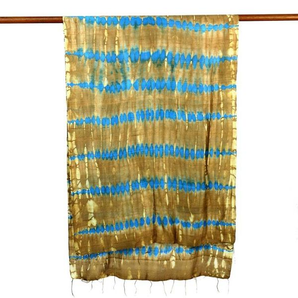 Alternate image for Tie-Dyed Silk Shawl in Sand and Cyan Stripes from Thailand Shifting Sands