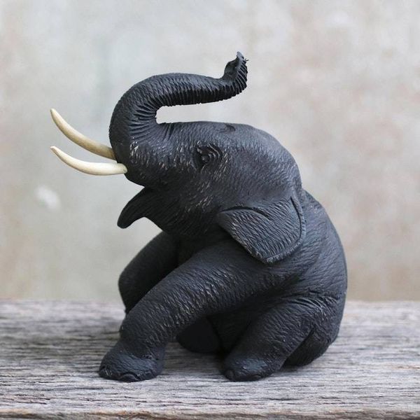 Alternate image for Artisan Hand Carved Teak Wood Thai Elephant Statuette Elephant Friends Welcome