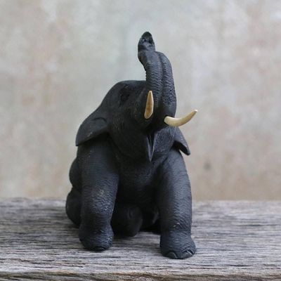Alternate image for Artisan Hand Carved Teak Wood Thai Elephant Statuette Elephant Friends Welcome