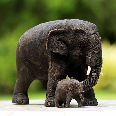 Alternate image for Thai Teak Wood Sculpture of Mother and Child Elephants Love and Care