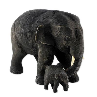 Alternate image for Thai Teak Wood Sculpture of Mother and Child Elephants Love and Care