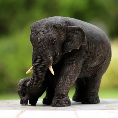 Alternate image for Thai Teak Wood Sculpture of Mother and Child Elephants Love and Care