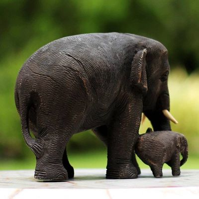 Alternate image for Thai Teak Wood Sculpture of Mother and Child Elephants Love and Care