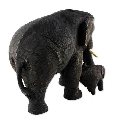 Alternate image for Thai Teak Wood Sculpture of Mother and Child Elephants Love and Care