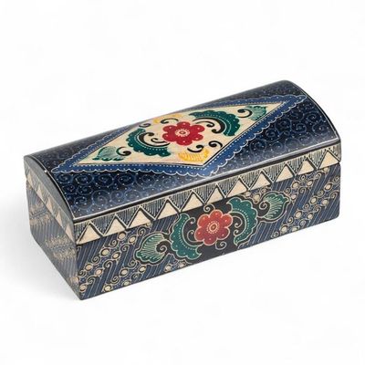 Alternate image for Hand-Carved Floral Rectangular Lined Batik Wood Jewelry Box Indigo Garden