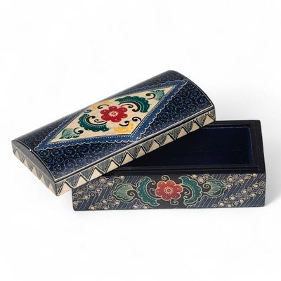Alternate image for Hand-Carved Floral Rectangular Lined Batik Wood Jewelry Box Indigo Garden